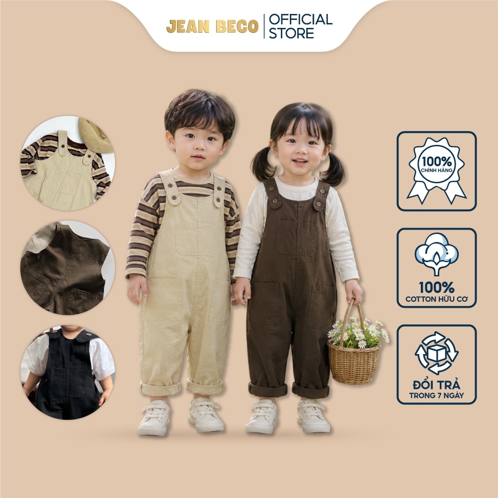 Quần yếm kaki nút cài hai dây JEANBECO, Yếm kaki cúc bấm unisex dành cho bé gái bé trai phong cách Hàn quốc QYD011
