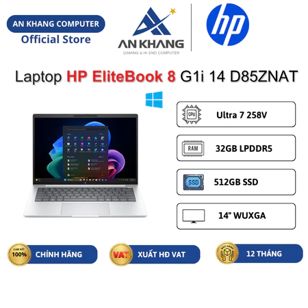 Laptop HP EliteBook 8 G1i 14 D85ZNAT(Ultra 7-258V, 32GB RAM, 512GB SSD, 14"WUXGA, Win11, Bạc)Chính hãng BH 12 tháng
