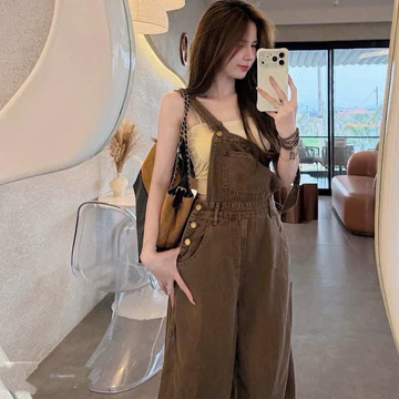 Quần Bò Yếm Dài Nữ Túi Ngực, Quần Jean Yếm Ống Dài Dáng Rộng Trẻ Trung Cá Tính, Quần Denim Nữ Dễ Phối Đồ