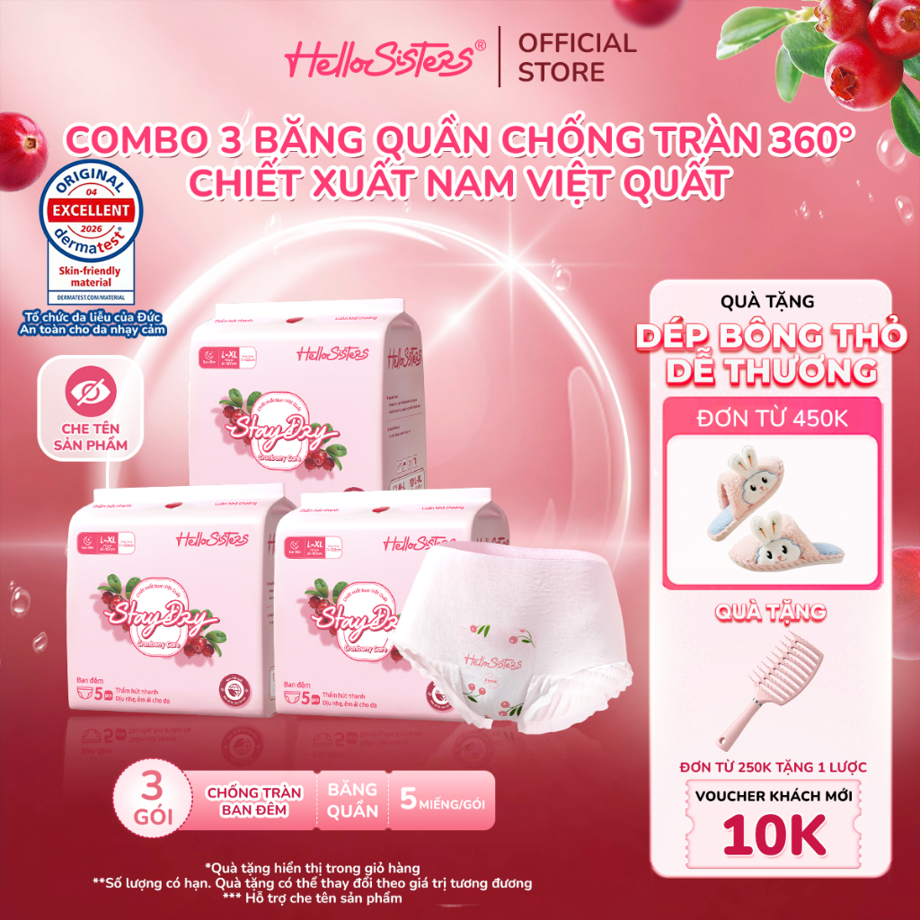 Combo 3 Gói Băng Vệ Sinh Quần HelloSisters Cranberry Care Nam Việt Quất Kháng Khuẩn, Ôm Form, Siêu Thấm Chống Tràn