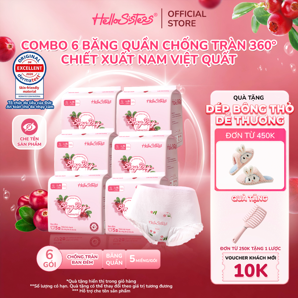 Combo 6 Gói Băng Vệ Sinh Quần HelloSisters Cranberry Care Nam Việt Quất Kháng Khuẩn, Siêu Thấm Hút, Chống Tràn 360 Độ
