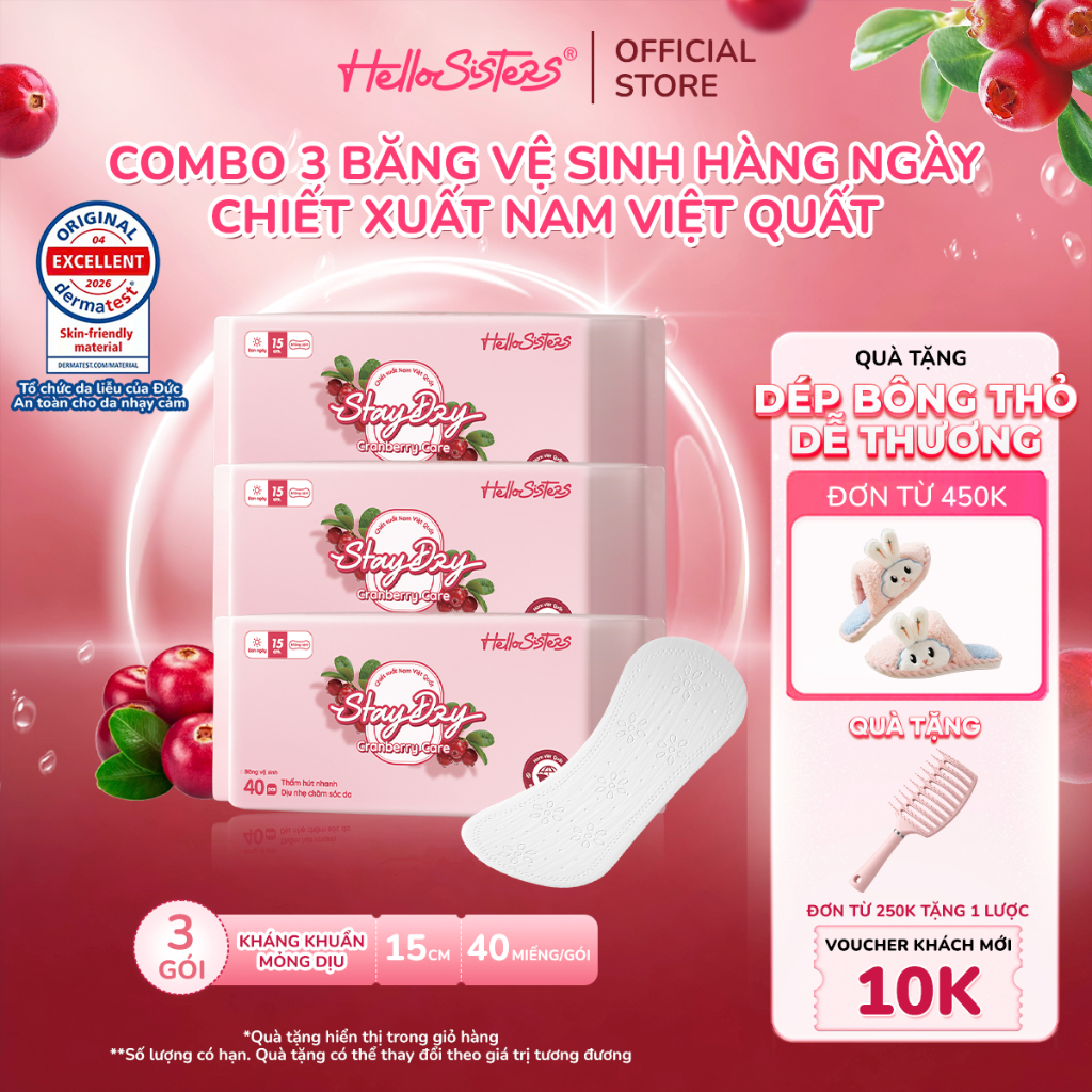 Combo 3 Gói Băng Vệ Sinh Không Cánh HelloSisters Cranberry Care 15cm Nam Việt Quất Kháng Khuẩn, Siêu Mỏng Nhẹ, Thấm Hút