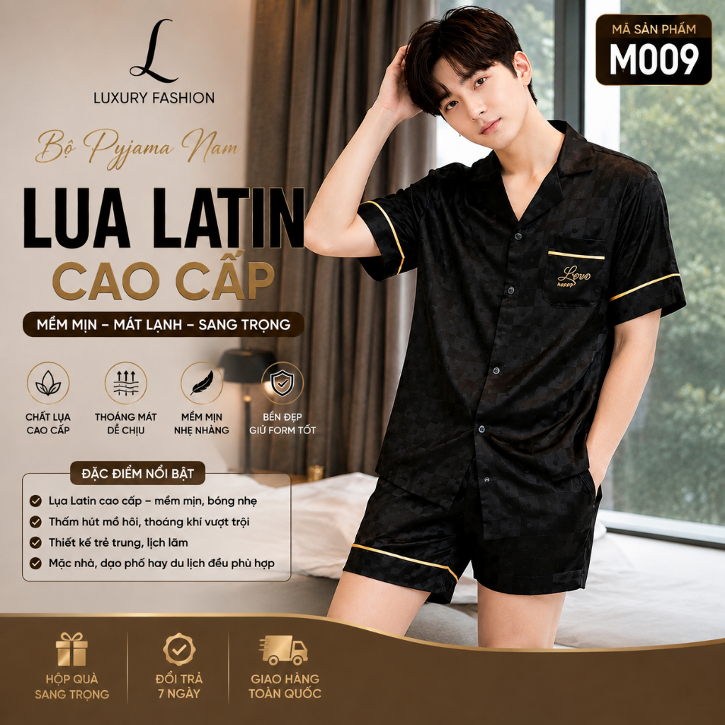 Bộ Pijama Nam LUXURY FASHION lụa Latin cao cấp tay ngắn mềm mát mặc nhà mặc ngủ thoải mái - Đen caro trái tim M009