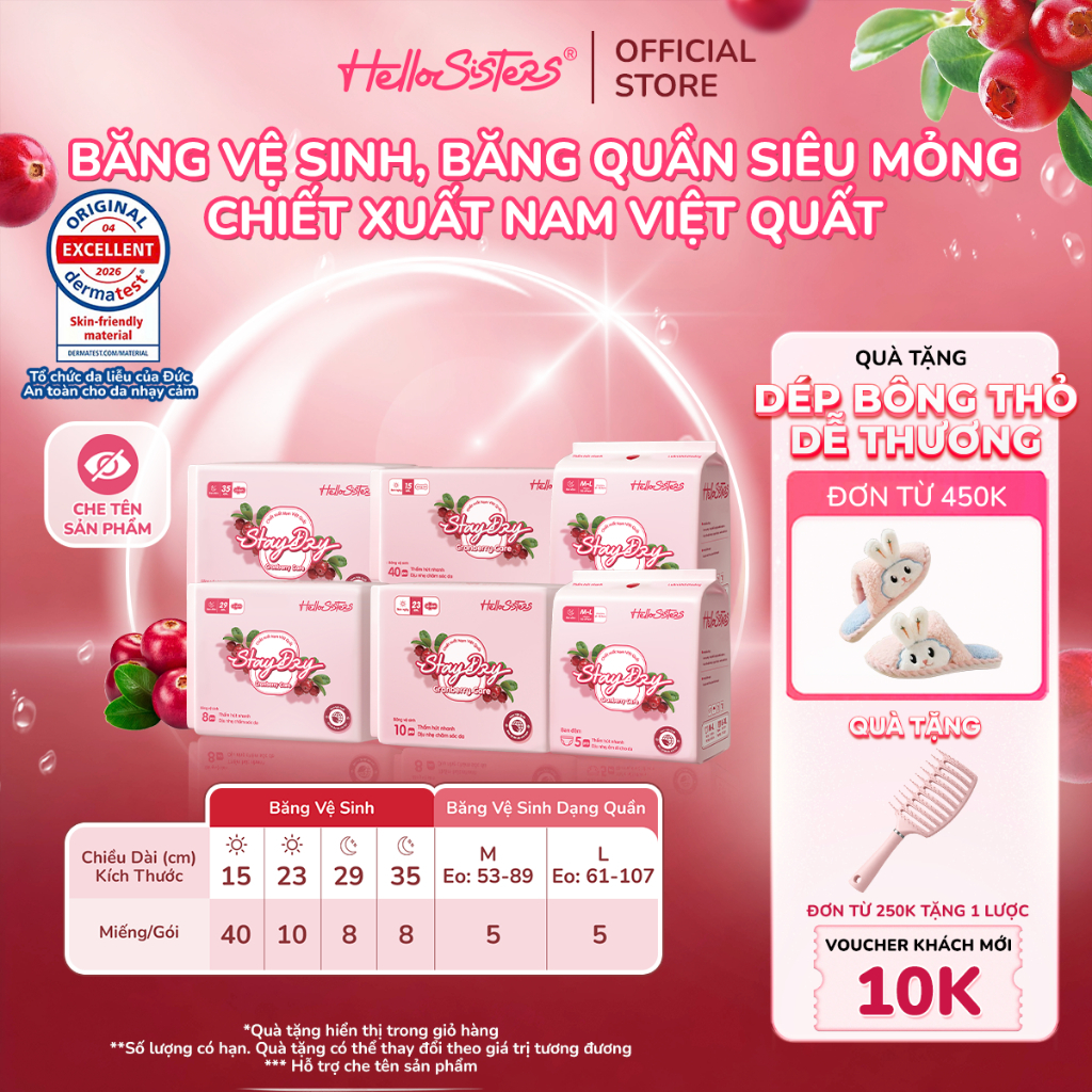 Băng Vệ Sinh Băng Quần HelloSisters Cranberry Care Nam Việt Quất Kháng Khuẩn, Mỏng Nhẹ, Siêu Thấm Chống Tràn, Đủ Size