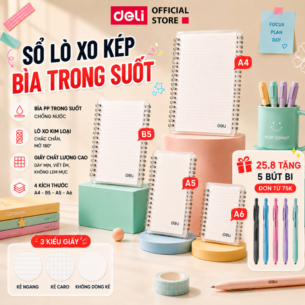 [🔥1-6.9 TẶNG 5 BÚT] Sổ lò xo bìa trong 160 Trang A5/B5/A4 Deli - Sổ tay giấy kẻ ngang, kẻ caro, trơn chống lóa, ghi chép