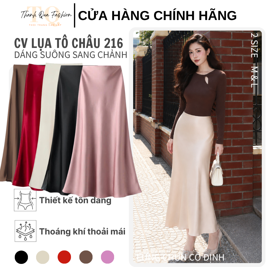 Chân Váy Lụa Midi Dáng Dài Chữ A Cạp Trễ Lưng Chun Bên Trong Chất Lụa Tô Châu Mềm Mịn TQ Fashion 216