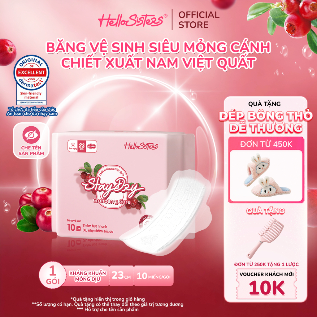 Băng Vệ Sinh HelloSisters Cranberry Care 23cm Nam Việt Quất Kháng Khuẩn, Mỏng Nhẹ Giữ Khô Thoáng, Siêu Thấm Chống Tràn
