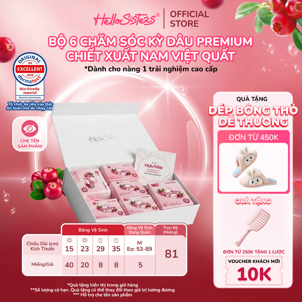 Hộp 6 Gói Băng Vệ Sinh Băng Quần HelloSisters Cranberry Care Nam Việt Quất Kháng Khuẩn, Mỏng Nhẹ, Siêu Thấm Chống Tràn