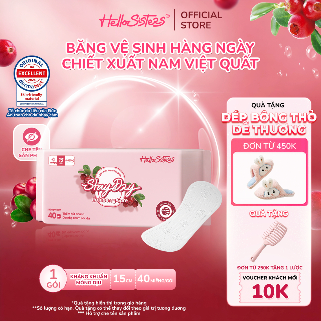 Băng Vệ Sinh Không Cánh HelloSistes Cranberry Care 15cm Nam Việt Quất Kháng Khuẩn, Siêu Mỏng Nhẹ, Thấm Hút Khô Thoáng
