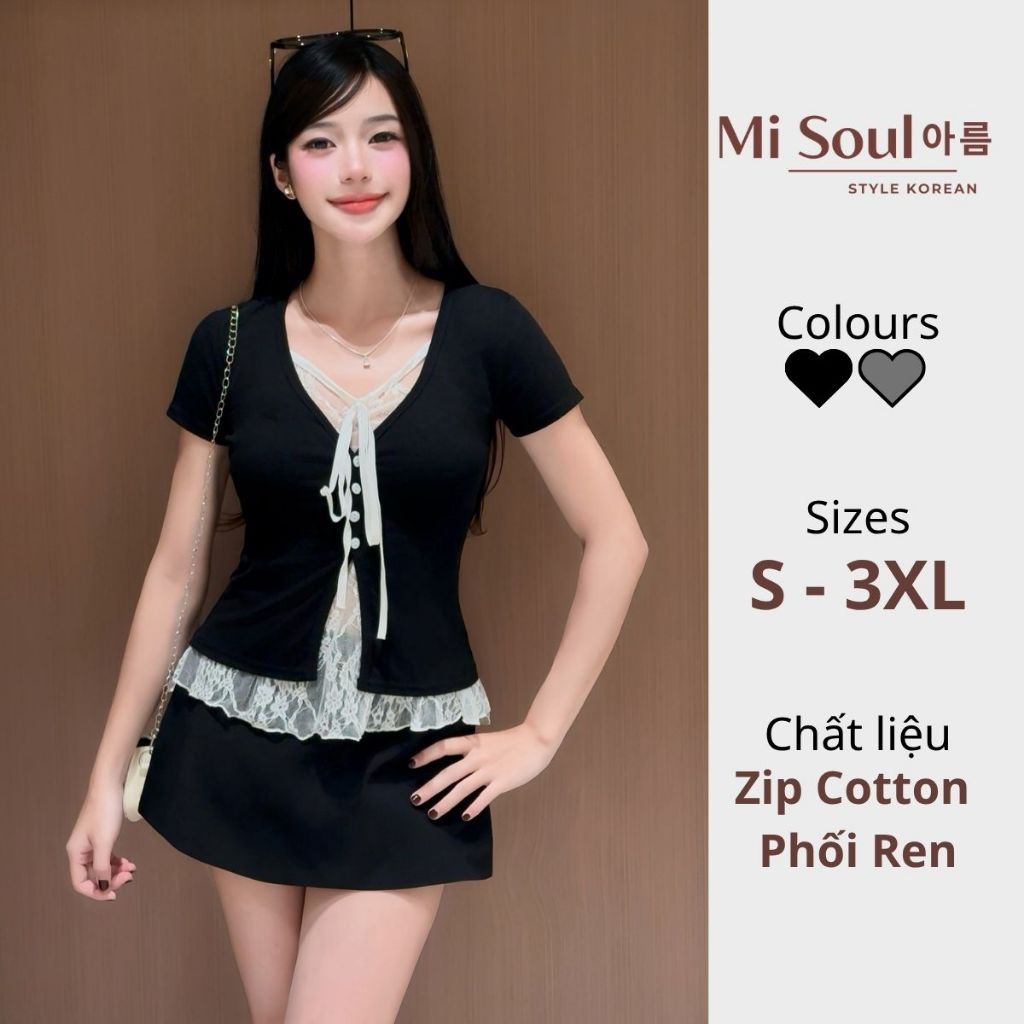 Áo Thun Cotton Cộc Tay Phối Ren, Áo Kiểu Nữ Tay Phồng Cổ V Thắt Nơ Nữ Tính MiSoul 604