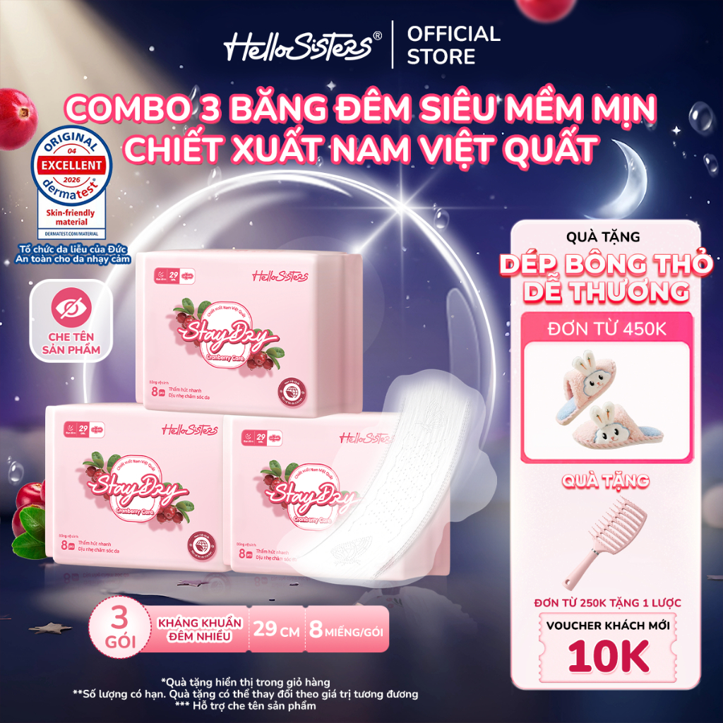 Combo 3 Gói Băng Vệ Sinh Đêm HelloSisters Cranberry Care 29cm Nam Việt Quất Kháng Khuẩn, Mỏng Nhẹ, Siêu Thấm Chống Tràn