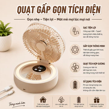 Quạt Gấp Gọn Tích Điện, Quạt Để Bàn, Treo Tường Không dây, Đèn Ngủ, Có 5 Mức Điều Chỉnh Gió, Dung Lượng Pin Lớn