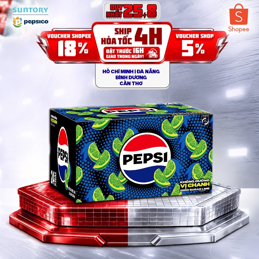 [Giao trước lễ] Thùng 24 Chai Nước Ngọt Giải Khát Có Gaz Pepsi Vị Chanh Không Calo, Không Đường (390ml /chai)