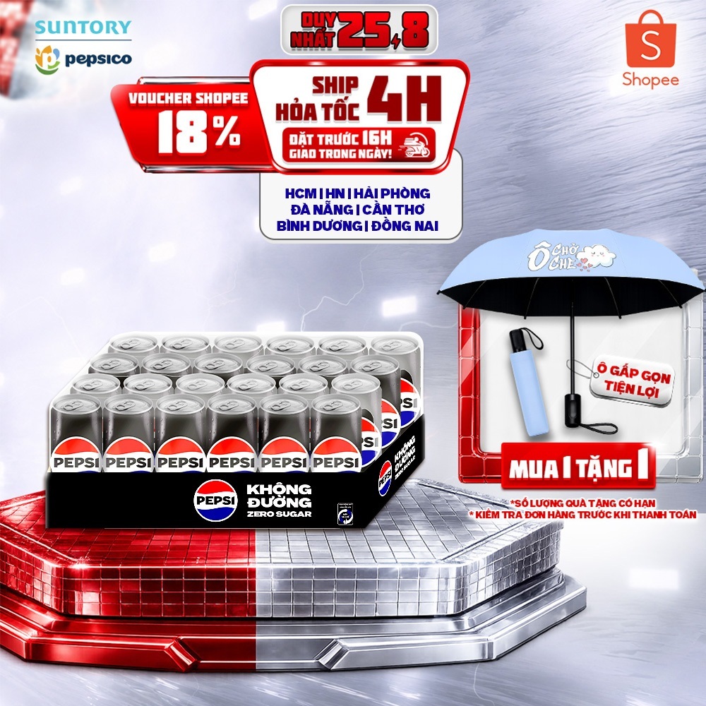 [SALE 15.8] Thùng 24 Lon Nước Uống Có Gaz Pepsi Không Calo, Không Đường (320ml/lon)
