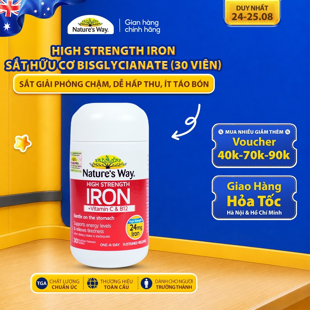 Viên Uống Sắt Hữu Cơ, Sắt Bầu Nature’s Way High Strength Iron Bổ Sung Sắt Bisglycinate Hỗ Trợ Hấp Thu Tốt Hơn -30v