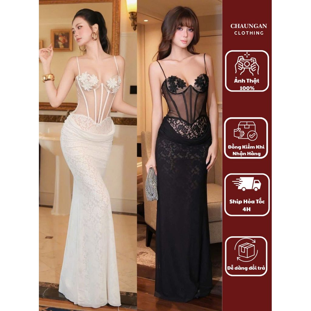 Đầm Dạ Hội Corset Hai Dây Đính Hoa Ren Đuôi Cá Xuyên Thấu Nhún Hông Cao Cấp