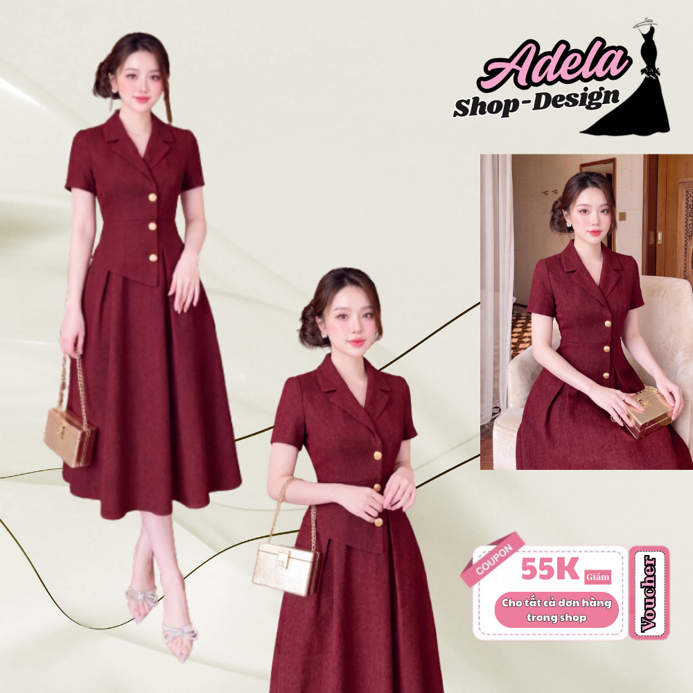 Váy Thiết Kế ADELA DESIGN Text Nhật Cao Cấp Dáng Xòe Đỏ Đô Peplum Tôn Eo MDU4679