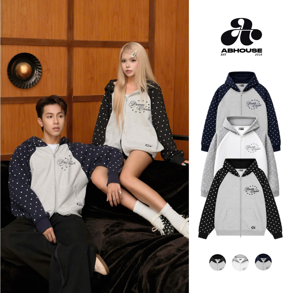 AB HOUSE -  ( KHÔNG XÙ LÔNG ) Áo khoác Raglan phối chấm bi nỉ chân cua form boxy hoạ tiết in charm thời trang nam, nữ