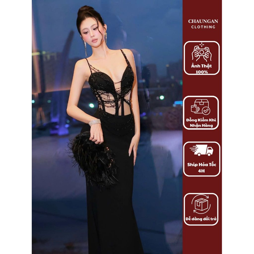 Đầm Dạ Hội Hai Dây Eo Đan Dây Tua Rua Dạ Hội Đen Đuôi Cá Ôm Body Quyến Rũ