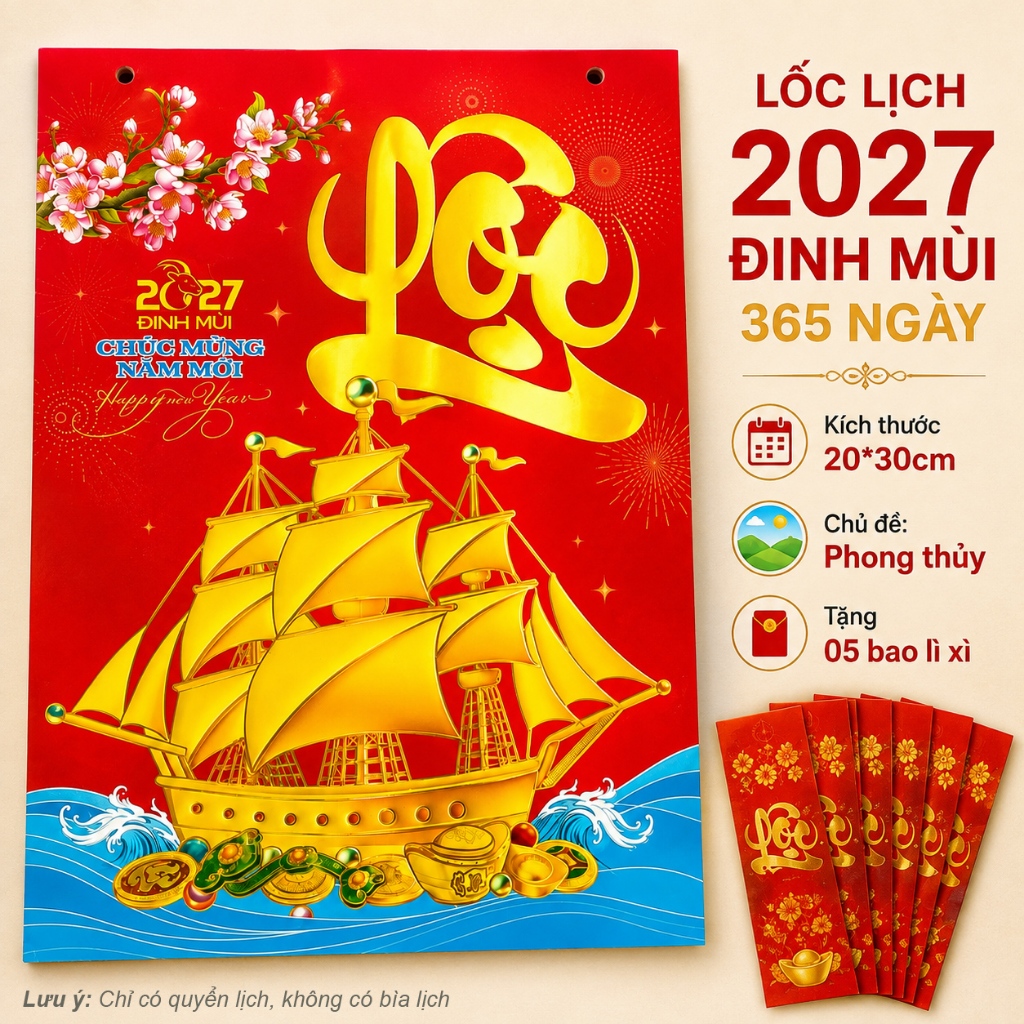 Lịch xé 365 ngày 2027 kích thước 20*30cm chủ đề phong thủy, dùng gắn bìa lịch, thay thế lốc năm cũ