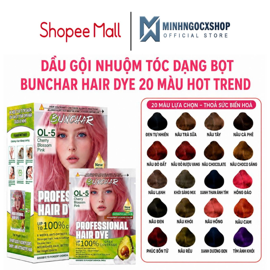Dầu gội nhuộm tóc dạng bọt BUNCHAR Hair Dye, 20 Màu Thời Trang, Nhuộm Tóc Tại Nhà