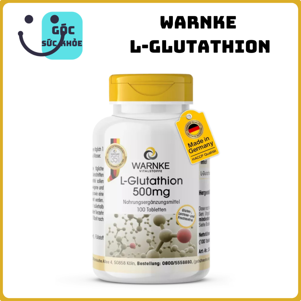 WARNKE L-GLUTATHION 500MG 100 VIÊN Glutathione Đức Hỗ Trợ Chống Oxy Hóa, Chăm Sóc Da