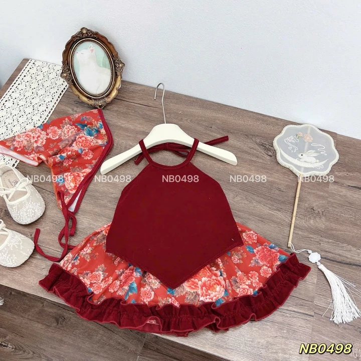 [Đồng Giá 99K} Váy Trung Hoa cho bé gái,Váy tết cho bé, Set yếm 3ct nhung chân váy hoa nổi bật