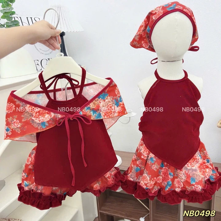 [Đồng Giá 99K} Váy Trung Hoa cho bé gái,Váy tết cho bé, Set yếm 3ct nhung chân váy hoa nổi bật