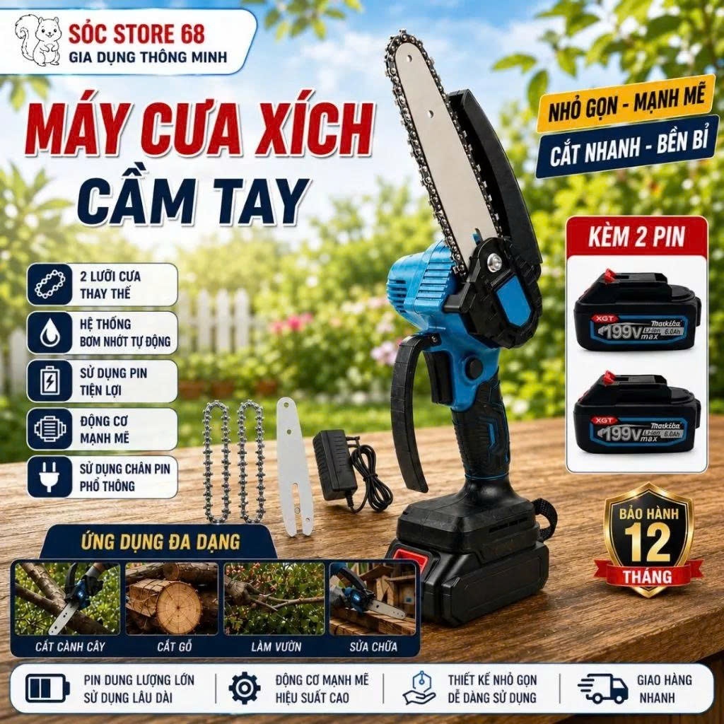 Máy Cưa Xích Cầm Tay Dùng Pin Phổ Thông Makita 199v Cao Cấp, Lam Xích 18cm Lõi Đồng Bền Bỉ