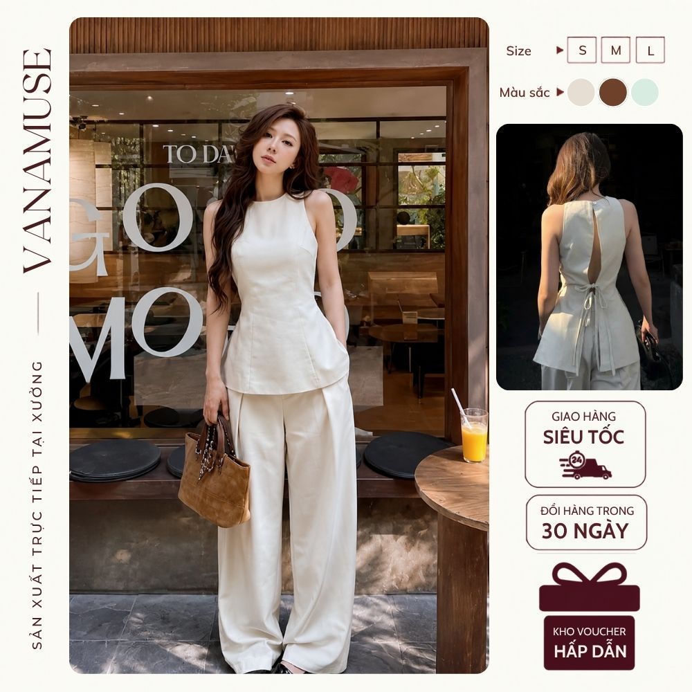 [10.10 LIVE GIẢM 20%] Set Áo Sát Nách Phối Dây Hở Lưng Mix Quần Suông Ống Rộng Chất Liệu Linen Mềm Mặc Đi Du Lịch