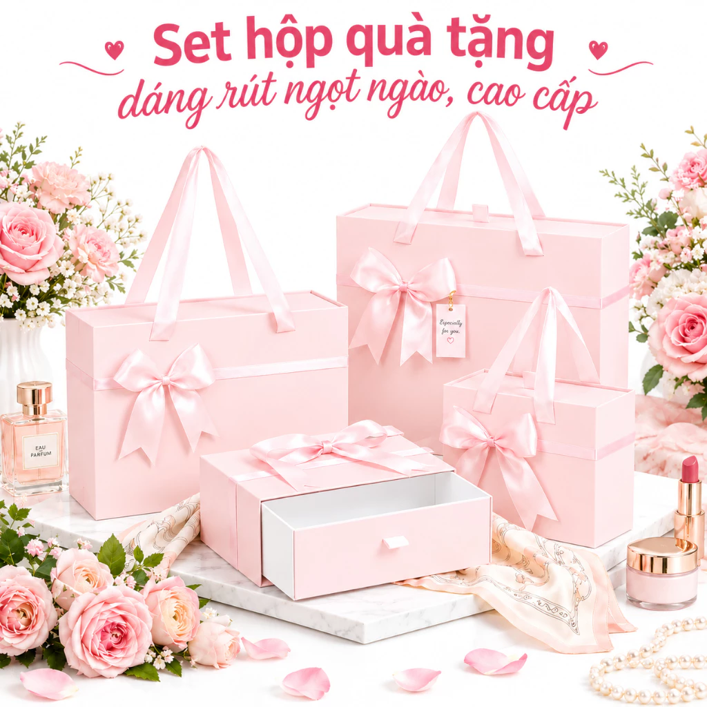 [Set quà tặng] Hộp Quà Tặng Sinh Nhật, Kỷ Niệm Dáng Rút Mở Gắn Nơ Màu Đen Có Quai Xách Lụa Đi Kèm