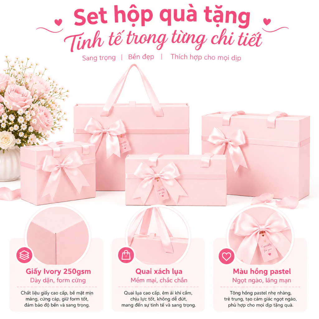[Set quà tặng] Hộp Quà Tặng Sinh Nhật, Kỷ Niệm Dáng Rút Mở Gắn Nơ Màu Đen Có Quai Xách Lụa Đi Kèm