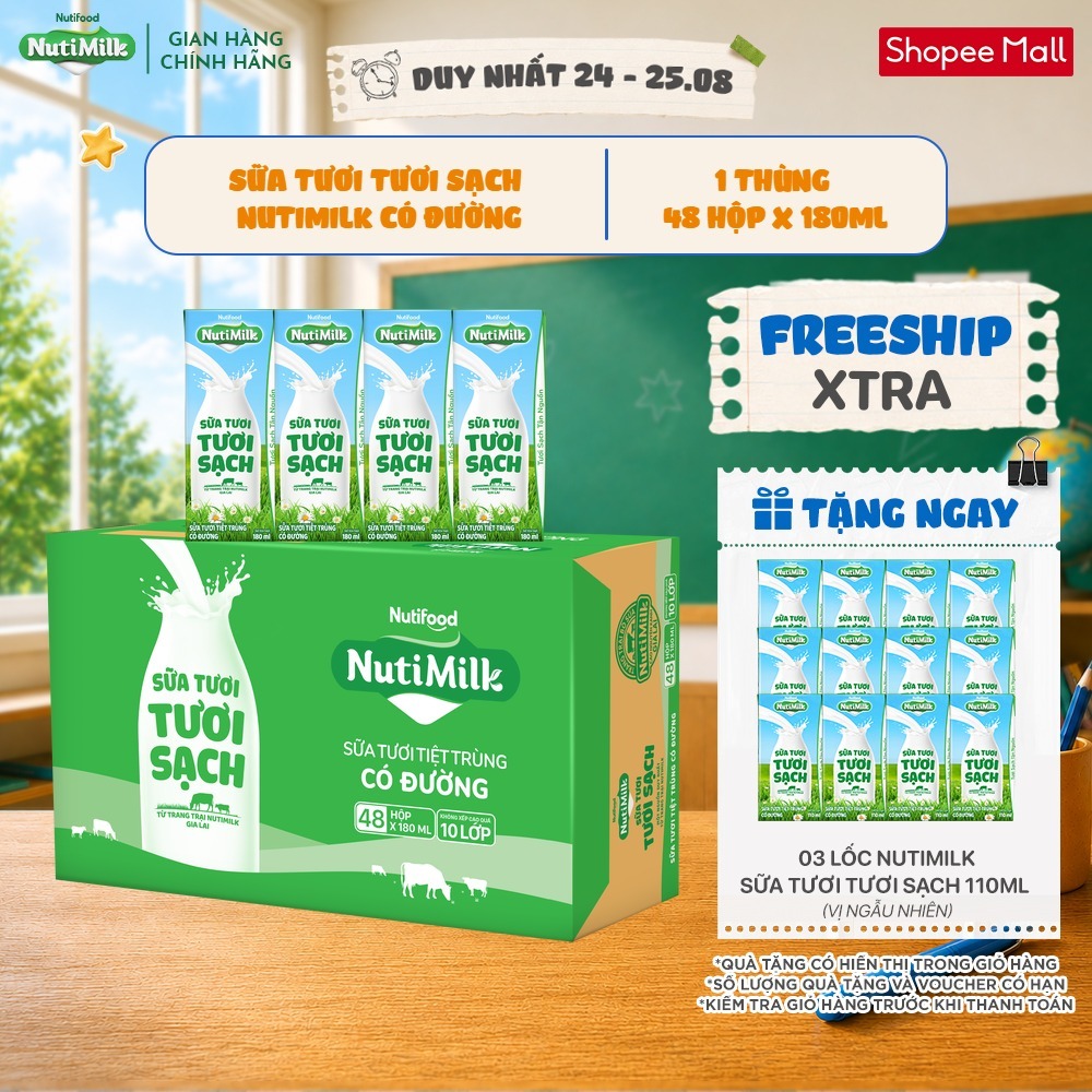 Thùng 48 Hộp Sữa Tươi Tươi Sạch NutiMilk 180ml