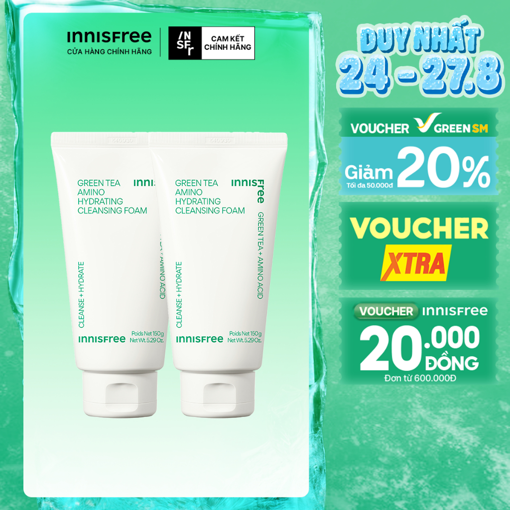Bộ 2 Sữa rửa mặt làm sạch và cấp ẩm từ trà xanh Innisfree Green Tea Hydramino Cleansing Foam 150g