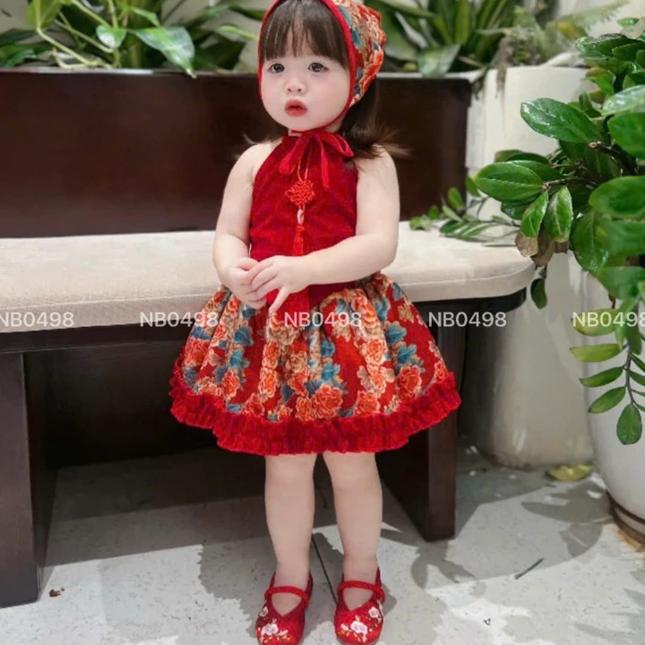 [Đồng Giá 99K} Váy Trung Hoa cho bé gái,Váy tết cho bé, Set yếm 3ct nhung chân váy hoa nổi bật