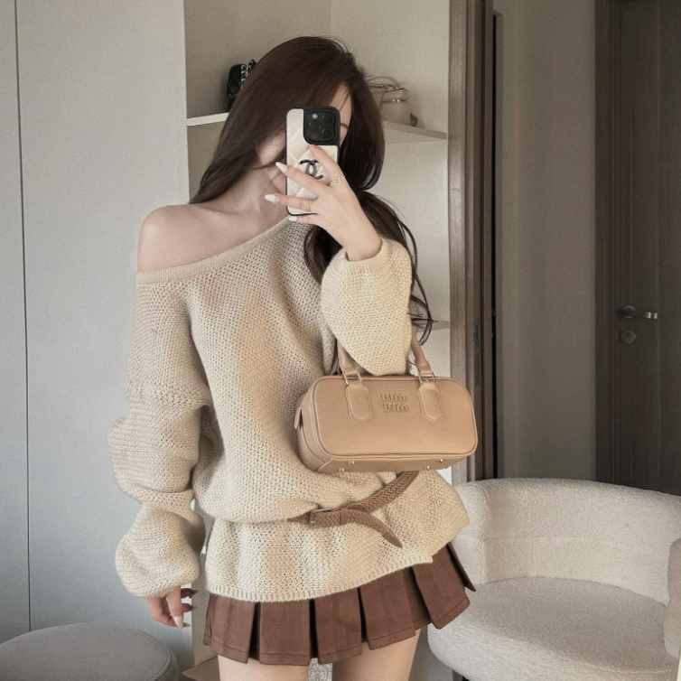 Set Đồ Nữ Áo Len Lưới Mix Chân Váy Nâu Xếp Ly Sang Chảnh,Set Áo Dài Tay Lệch Vai Chân Váy Tennis D84