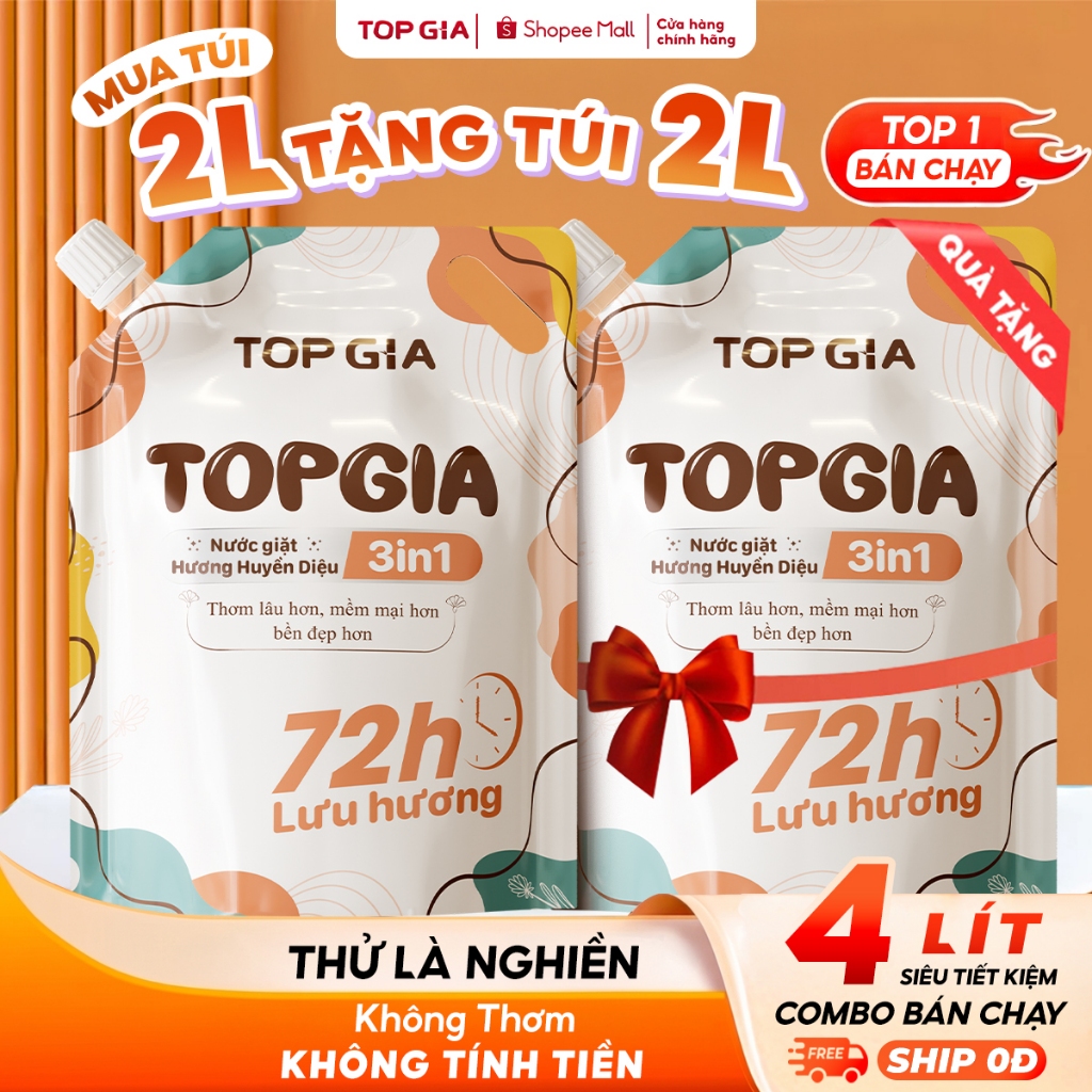 Nước Giặt TopGia 3in1 Hương Huyền Diệu Dịu Nhẹ Làm Sạch Vết Bẩn, Lưu Hương 72h, Túi 2L