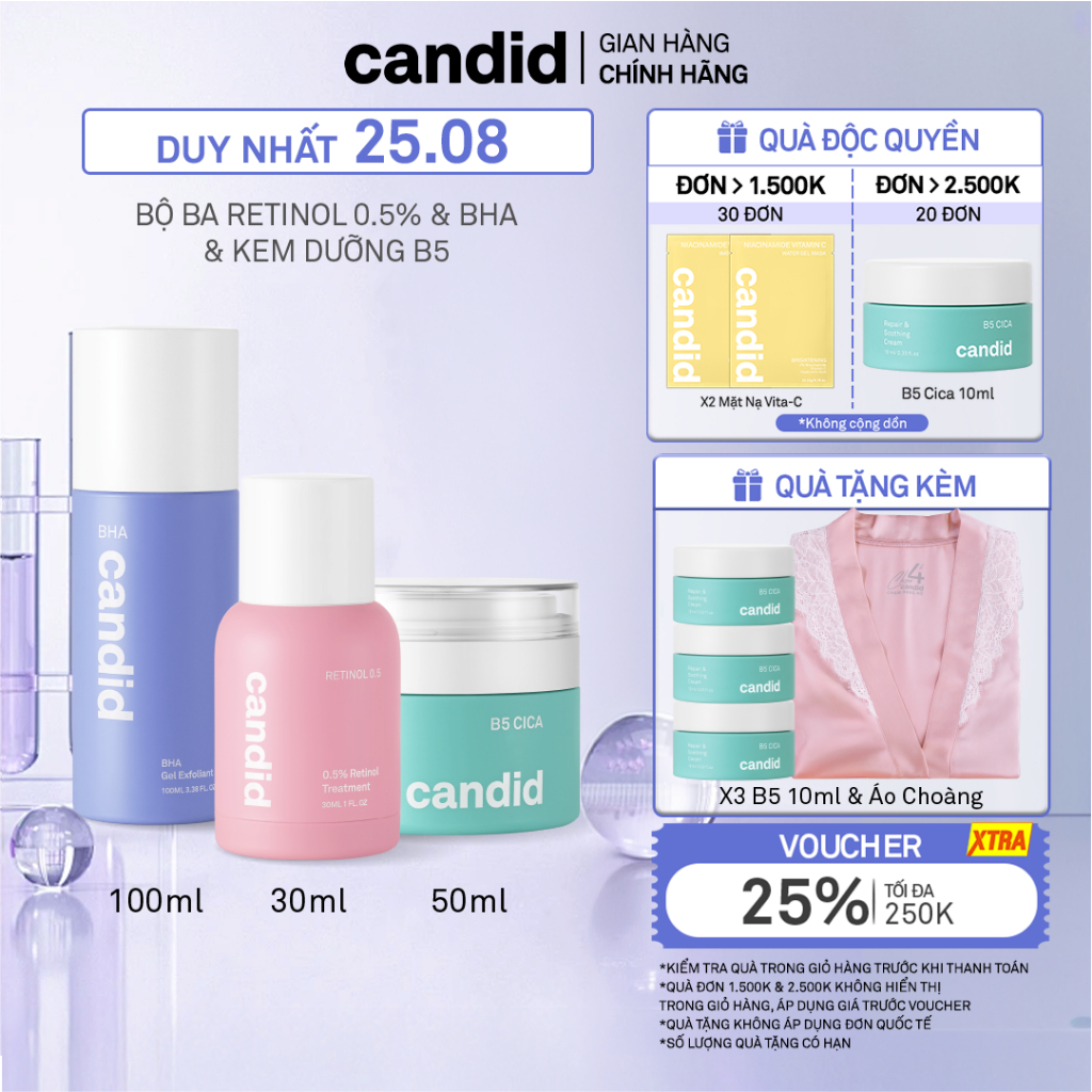 Bộ Ba Hỗ Trợ Cải Thiện Và Phục Hồi Da Candid Retinol 0.5% 30ml & Kem Dưỡng B5 Cica 50ml & BHA 100ml