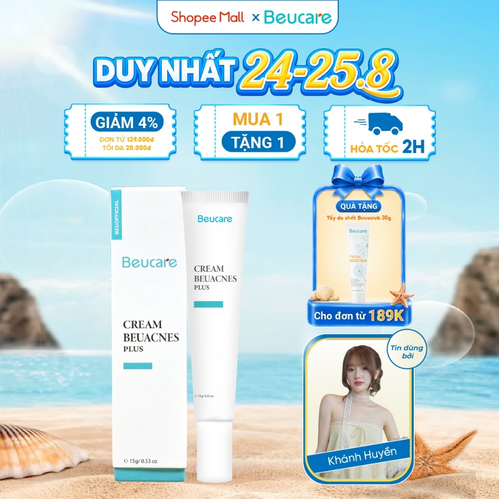 Kem giảm mụn nhanh 24h BEUACNES PLUS mụn trứng cá, chiết xuất rau má, hỗ trợ mờ thâm mụn 15g
