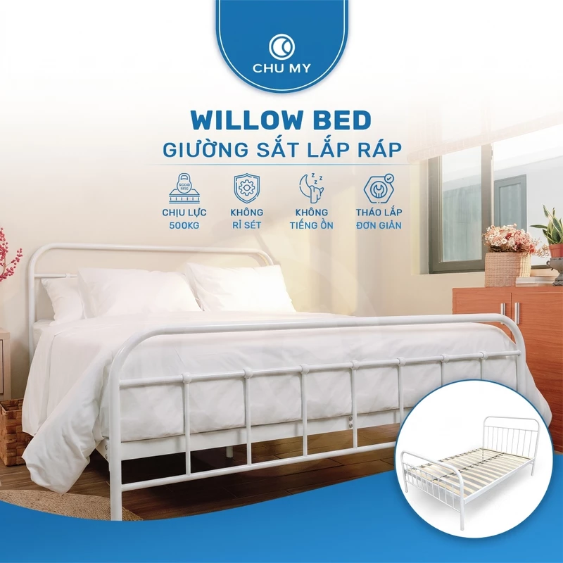 Giường Khung Sắt WILLOW CHU MY Cao Cấp Sơn Tĩnh Điện – Giường Sắt Decor Hiện Đại Chịu Lực 500kg Nan Gỗ (Màu Trắng) — ảnh 1