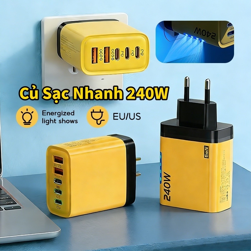 Củ Sạc Nhanh 240W 5 Cổng USB TypeC,Cục Sạc Nhanh Cho Samsung Oppo lPhone Sạc Đa Năng