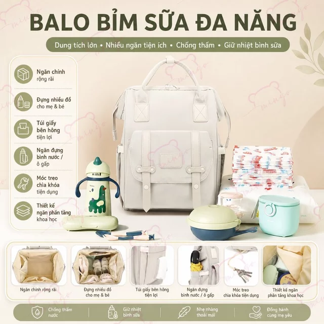 Balo bỉm sữa, túi đựng bỉm sữa cho mẹ bé CareFreeFox Douhui Bag giữ nhiệt tích hợp cổng sạc USB chống thấm