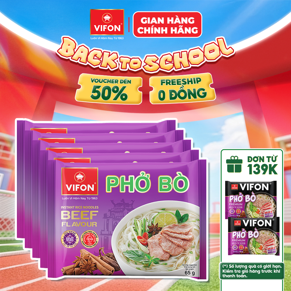 [VOUCHER HOT 10%] Set 5 Gói Phở Vị Bò/Gà/Chay Rau Nấm VIFON – Sợi Dai Mềm, Đậm Đà, 65g/Gói