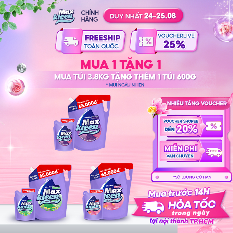 [MUA 1 TẶNG 1] Túi Nước Giặt Xả MaxKleen 3.8kg tặng 1 túi nước giặt 600gram Mùi ngẫu nhiên