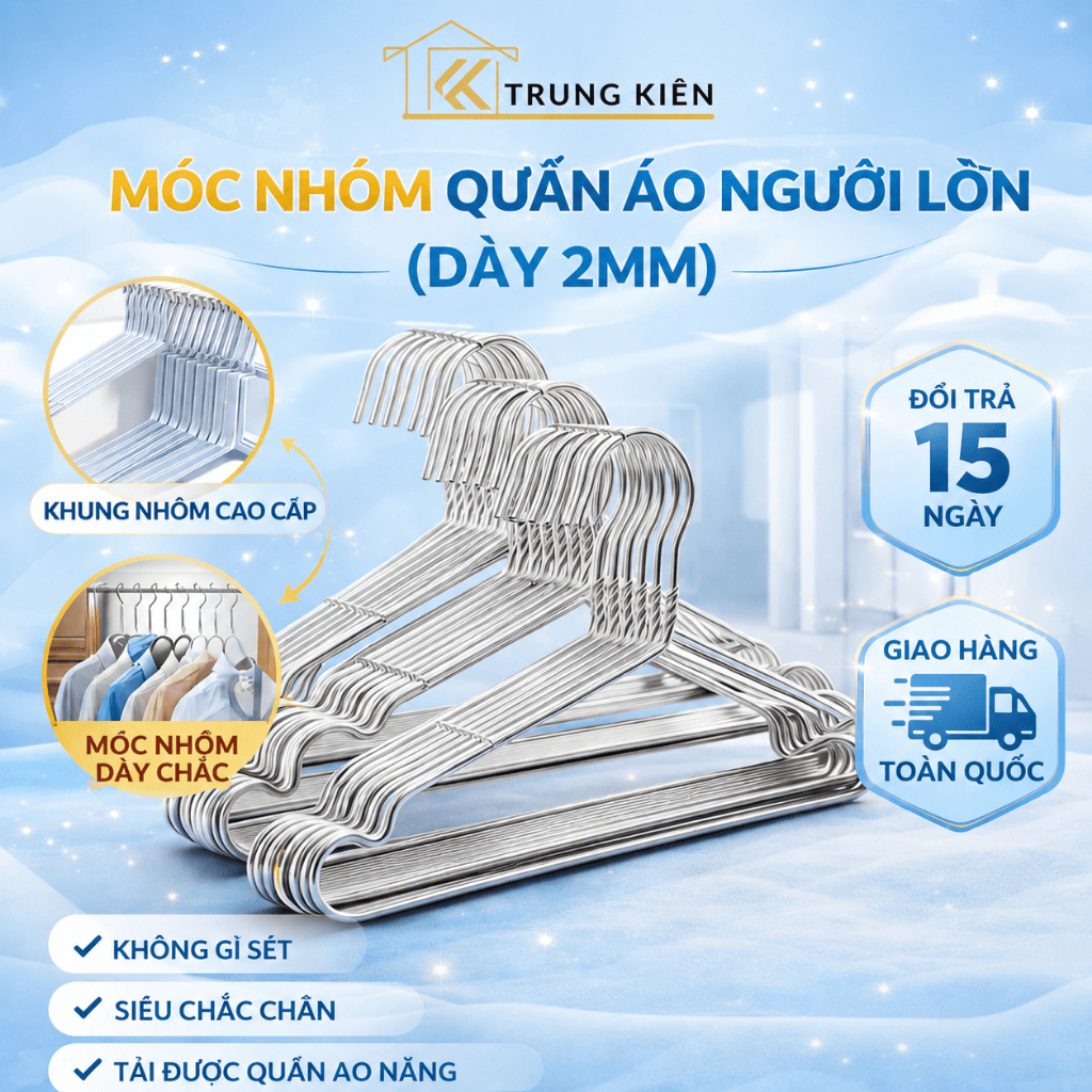 Combo 50 Móc Nhôm Người Lớn Dày 2mm, Móc Nhôm Treo Quần Áo Người Lớn Và Trẻ Em