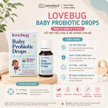 [Hàng Mỹ] Men vi sinh Lovebug dạng Giọt Probiotic Drops 5 Tỷ CFU+Vitamin D400 IU – Hỗ Trợ Tiêu Hóa, Đề Kháng cho bé 0m+