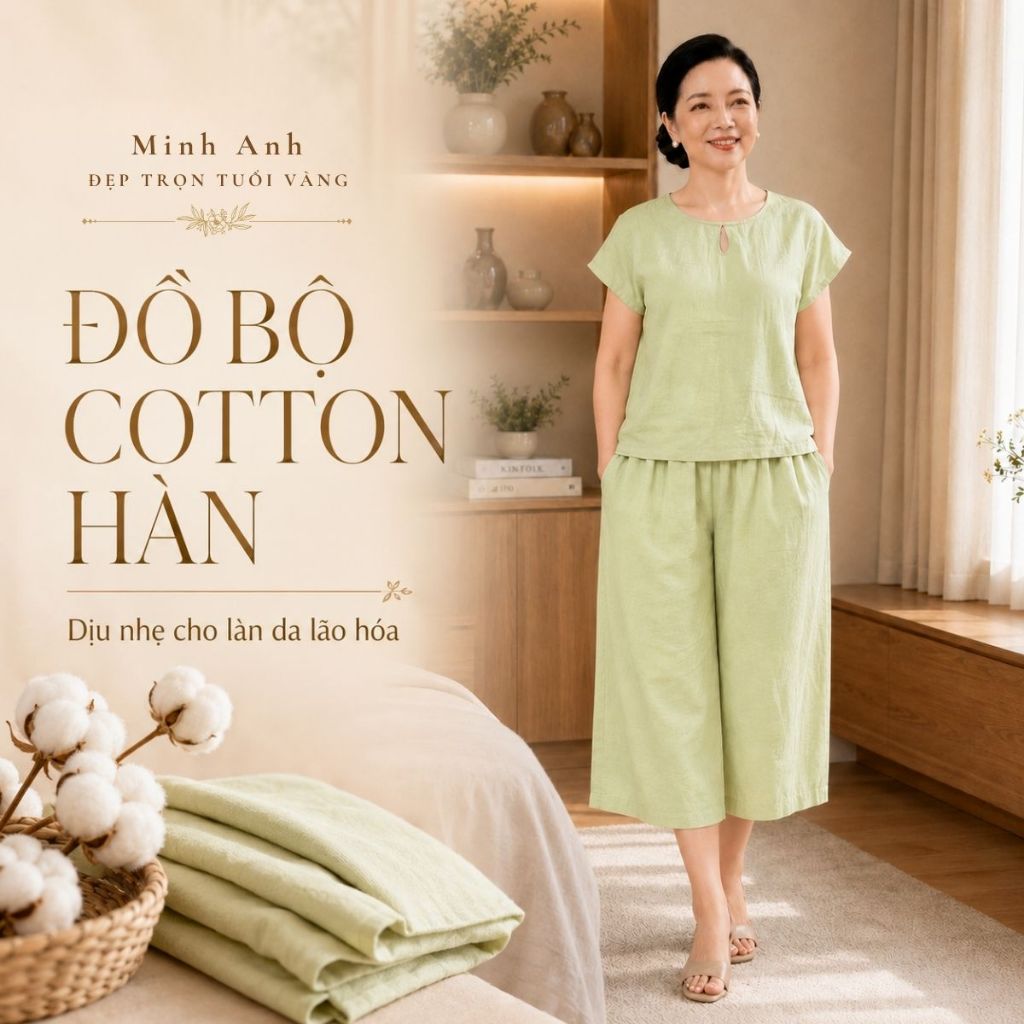 Bộ Đồ Nữ Cotton Mặc Ở Nhà Thanh Lịnh Minh Anh Classic – Đồ Bộ Trung Niên Cho Mẹ Dáng Rộng Mềm Mát Thoải Mái MAB10