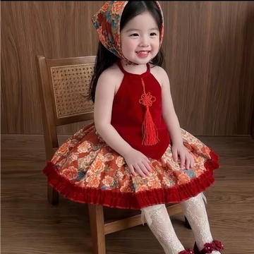 [Đồng Giá 99K} Váy Trung Hoa cho bé gái,Váy tết cho bé, Set yếm 3ct nhung chân váy hoa nổi bật