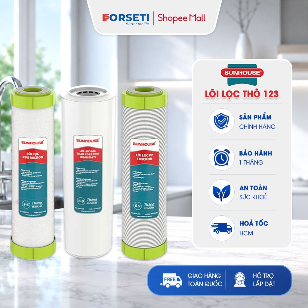 Bộ 3 Lõi Lọc Thô Sunhouse Số 1 2 3 Cho Máy Lọc Nước RO 3 Cốc 10 Inch Hàng Chính Hãng