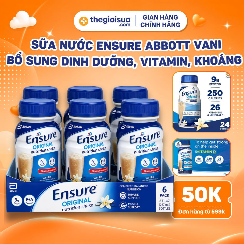 Ensure Abbott 237ml hương Vani lốc 6 chai sữa bổ sung dinh dưỡng, hỗ trợ tiêu hóa pha sẵn - Chính hãng Thế Giới Sữa
